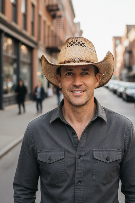A beige straw cowboy hat with a curved brim, adorned with a decorative button and bead detail around the crown.
