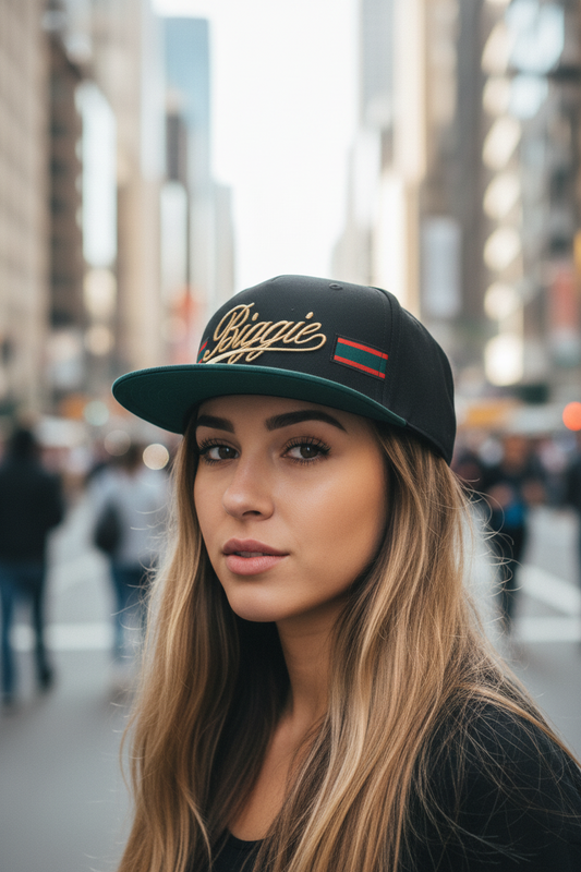 A black and green embroidered baseball cap with red detailing and a cursive script on the front.