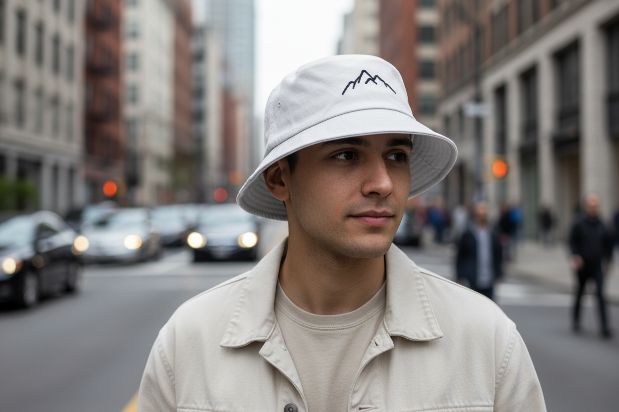 White bucket hat with black mountain design on a white background
