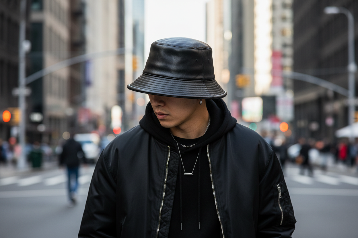 Black leather bucket hat on a white background