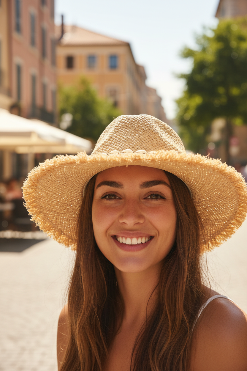 Straw hat with a beaded band on a white background
