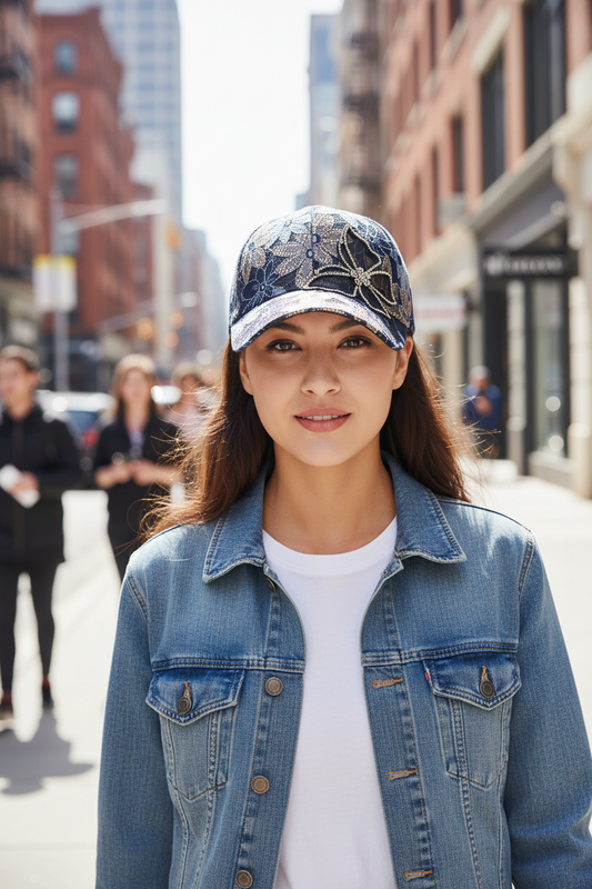 Decorative cap with floral and butterfly patterns on a wooden surface