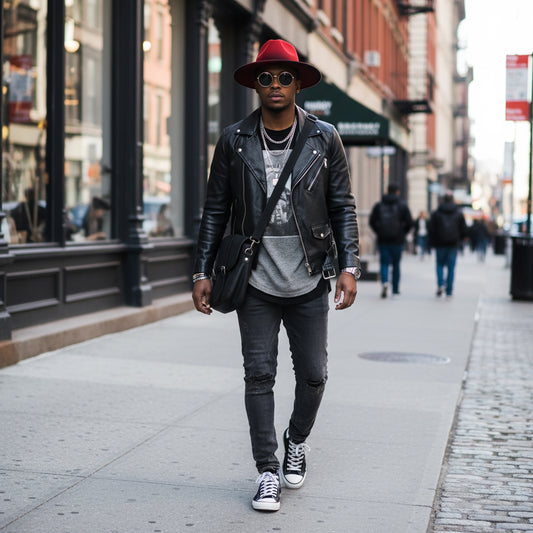 Red fedora hat with black brim on white background