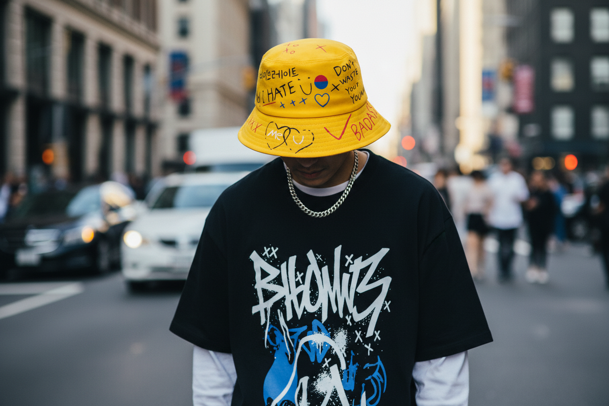 Yellow bucket hat with various writings and symbols on a white background