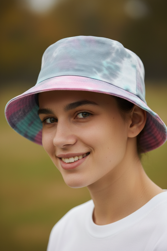A collection of four bucket hats in different colors with a tie-dye pattern.