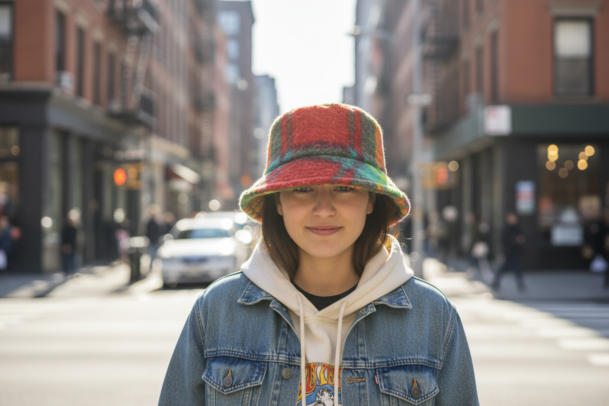 Colorful plaid bucket hat on a gold stand against a white background