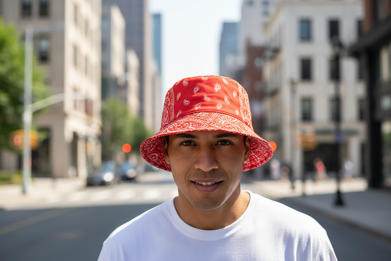 A collection of four bucket hats in various colors with a paisley pattern.
