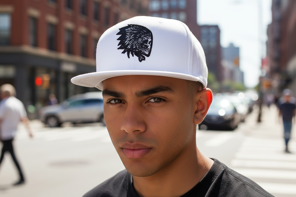 White cap with black tribal design on a white background