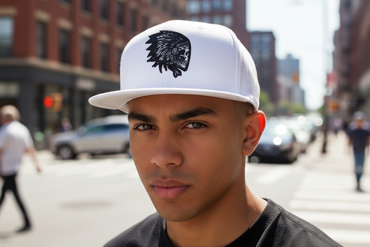 White cap with black tribal design on a white background