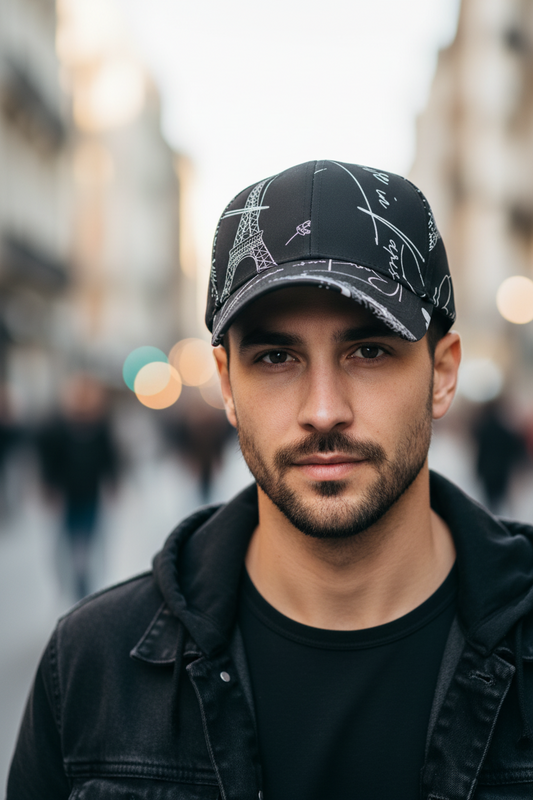 Black cap with white abstract designs on a white background