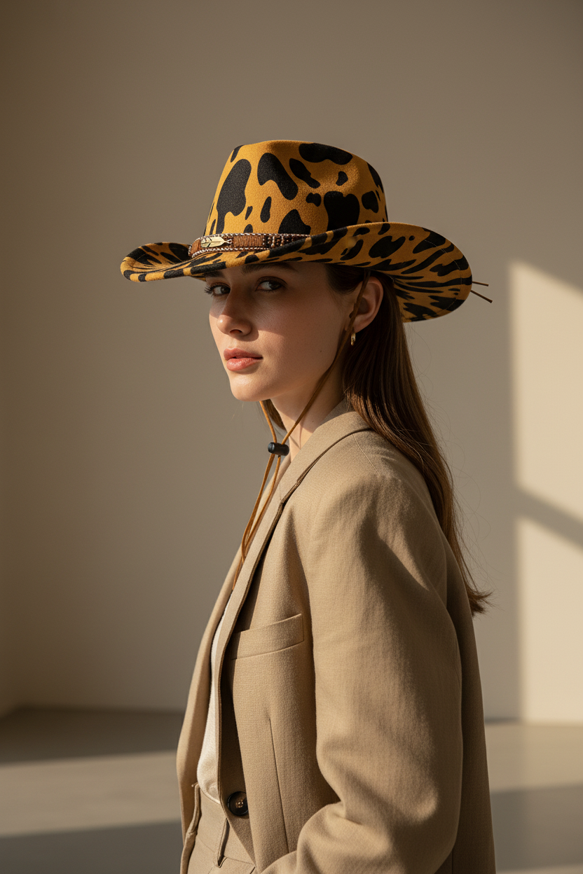 Tate Cow Print Wool Felt Cowboy Hat, Medium Flat Brim