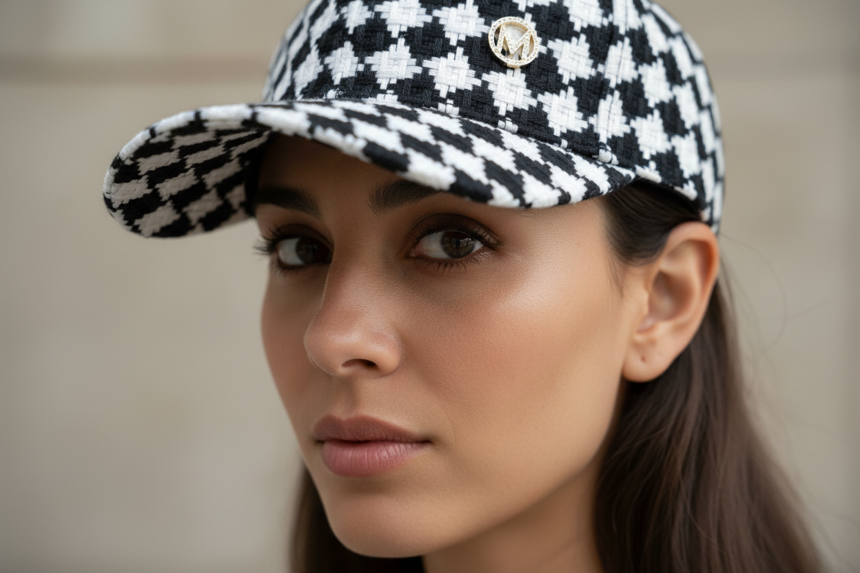 Black and white checkered cap on a white background