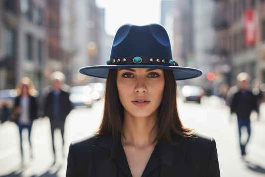 Navy blue fedora hat with a brown band featuring turquoise stones on a white background