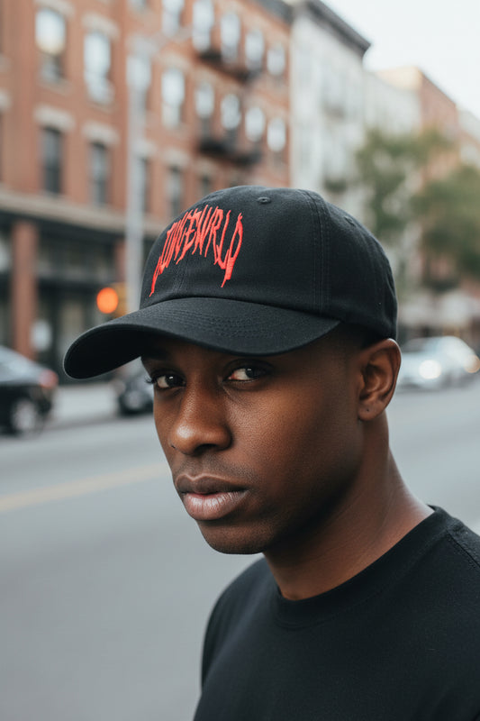 Black cap with red text on a white background