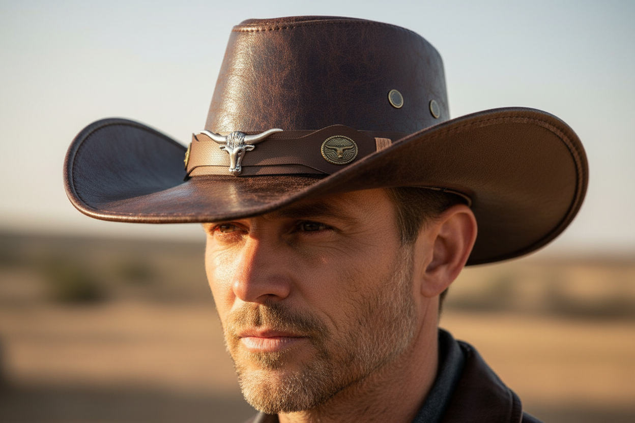 Brown leather cowboy hat with decorative band on a white background