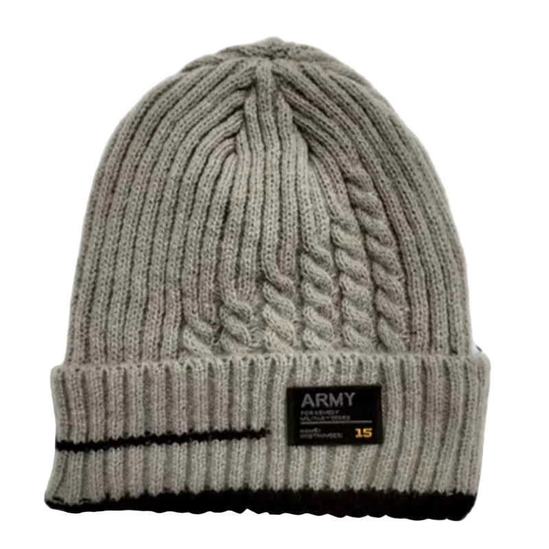 Gray knit beanie with 'ARMY' label on a white background