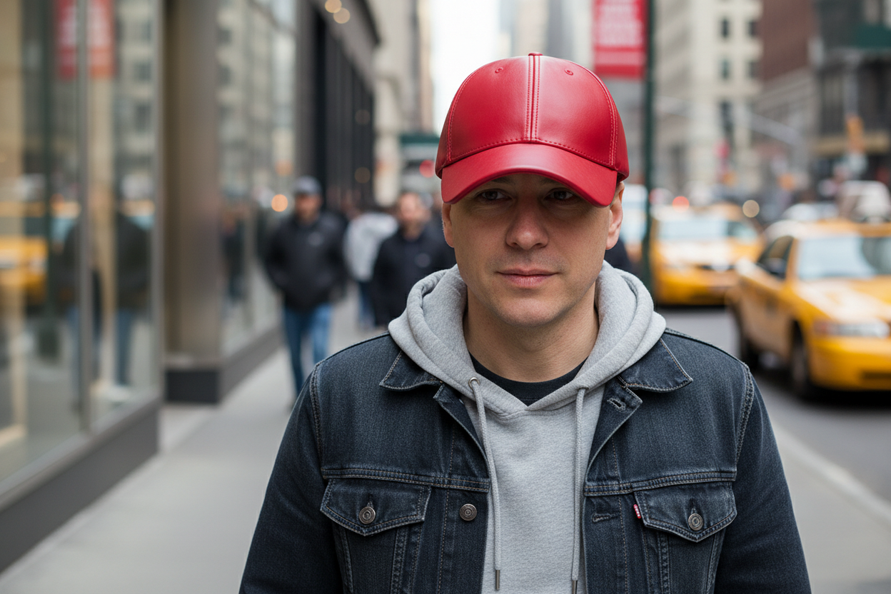 A red leather baseball cap with a round top and big brim.