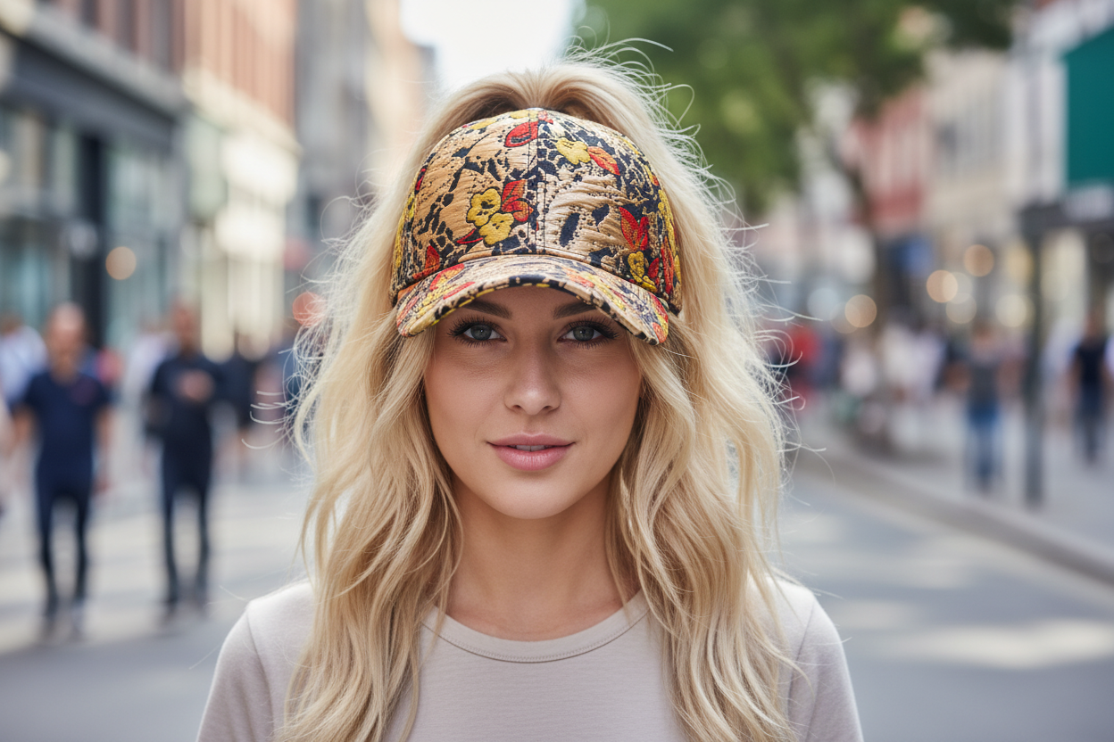 Two baseball caps with floral patterns, one featuring a gold line design and the other in black with red flowers.