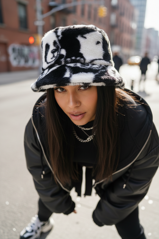 Bucket hat with panda design on a white background