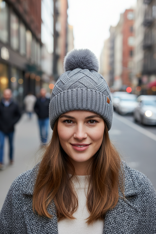 A collection of four knitted hats in black, gray, beige, and pink, all featuring a fur ball on the top.
