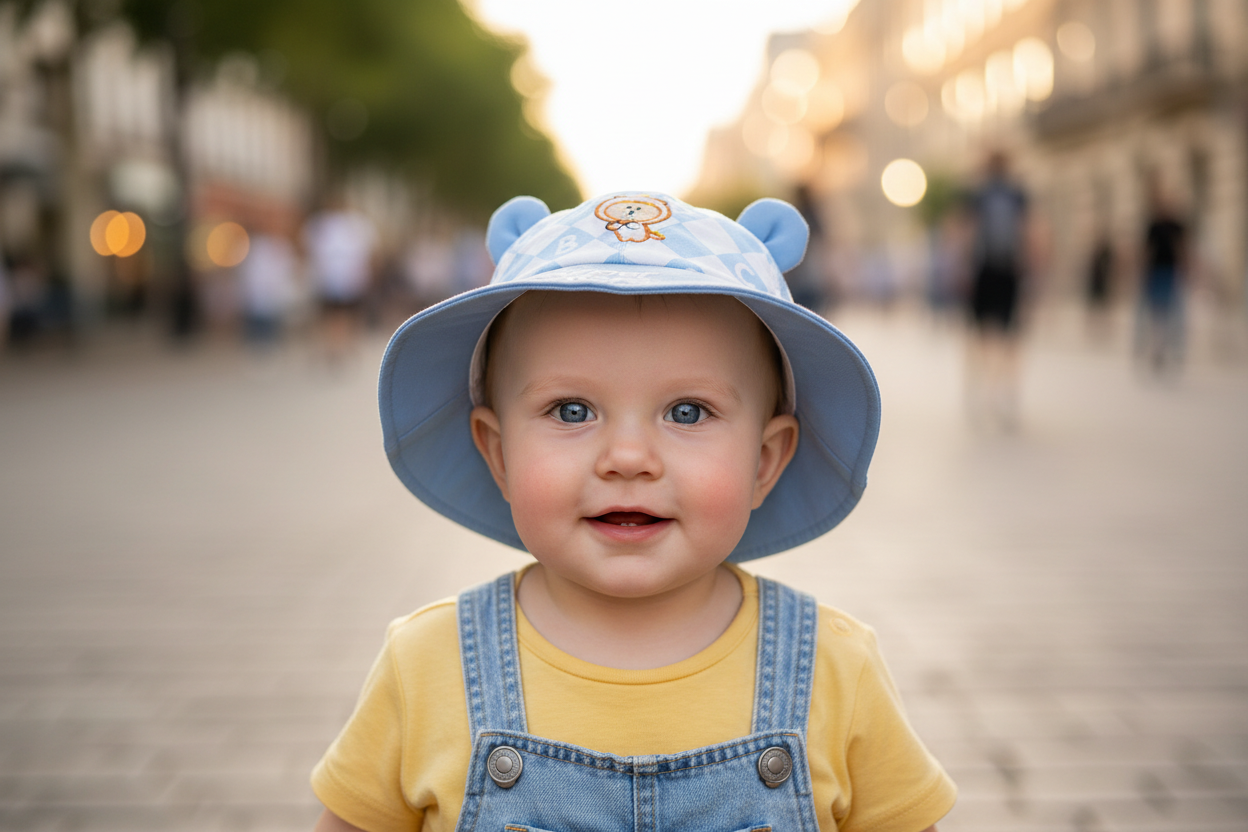 Children's bucket hat with cartoon design and 'Super Stars' text on a white background