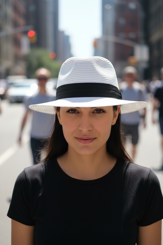 White straw hat with a black band on a white surface