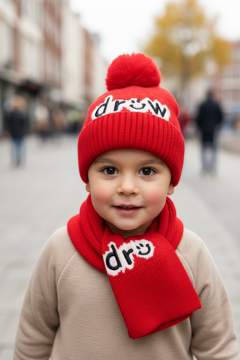 Red children's hat set with a pom-pom on a beige background