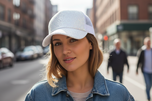 A gray baseball cap with sequins covering the crown and mesh back, suitable for ponytails.