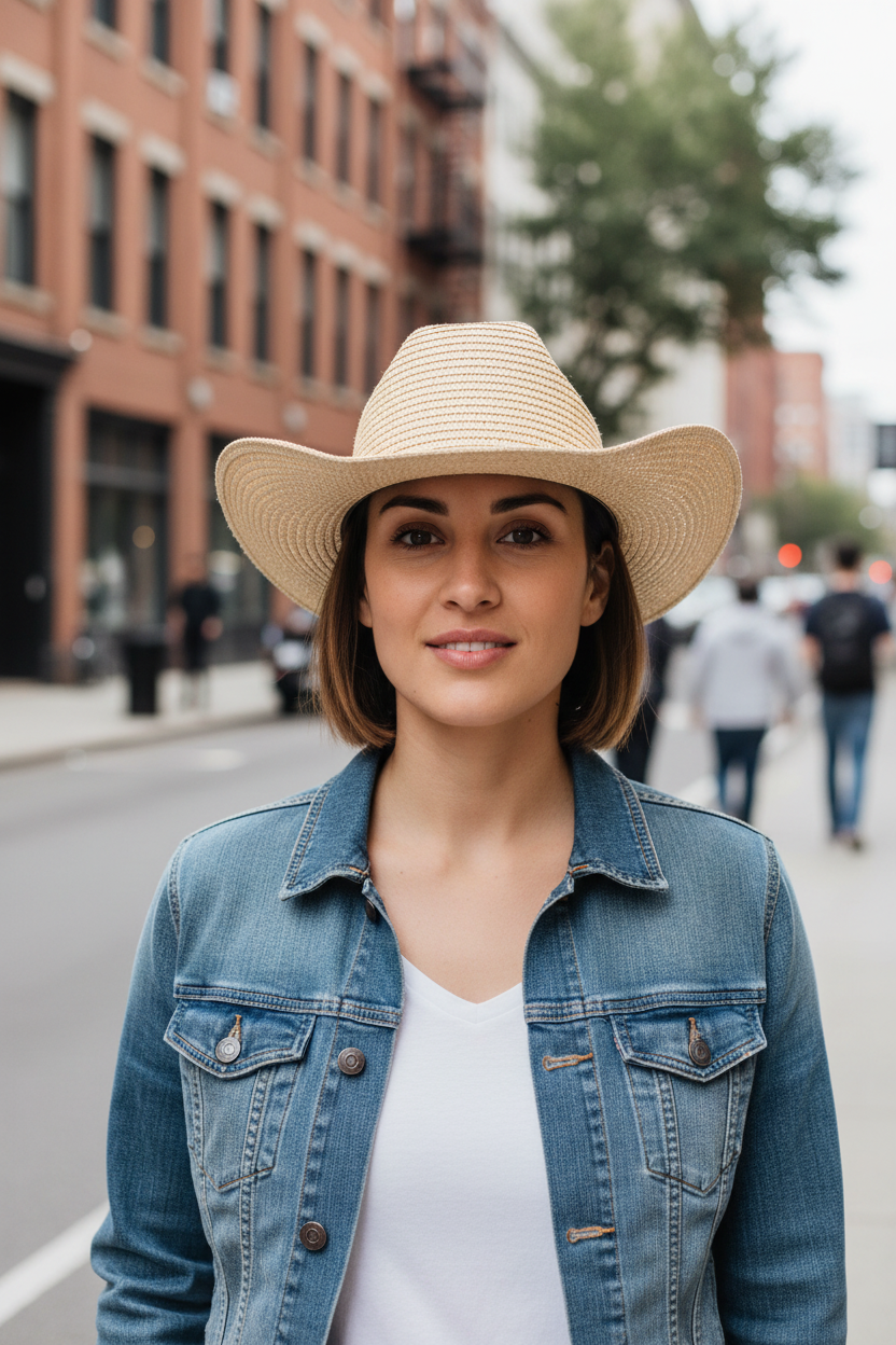 Beige straw hat with a black band on a white background