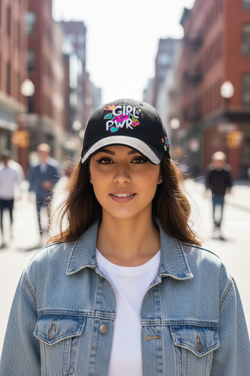 Black cap with 'Girl PWR' text and colorful graphics on a white background