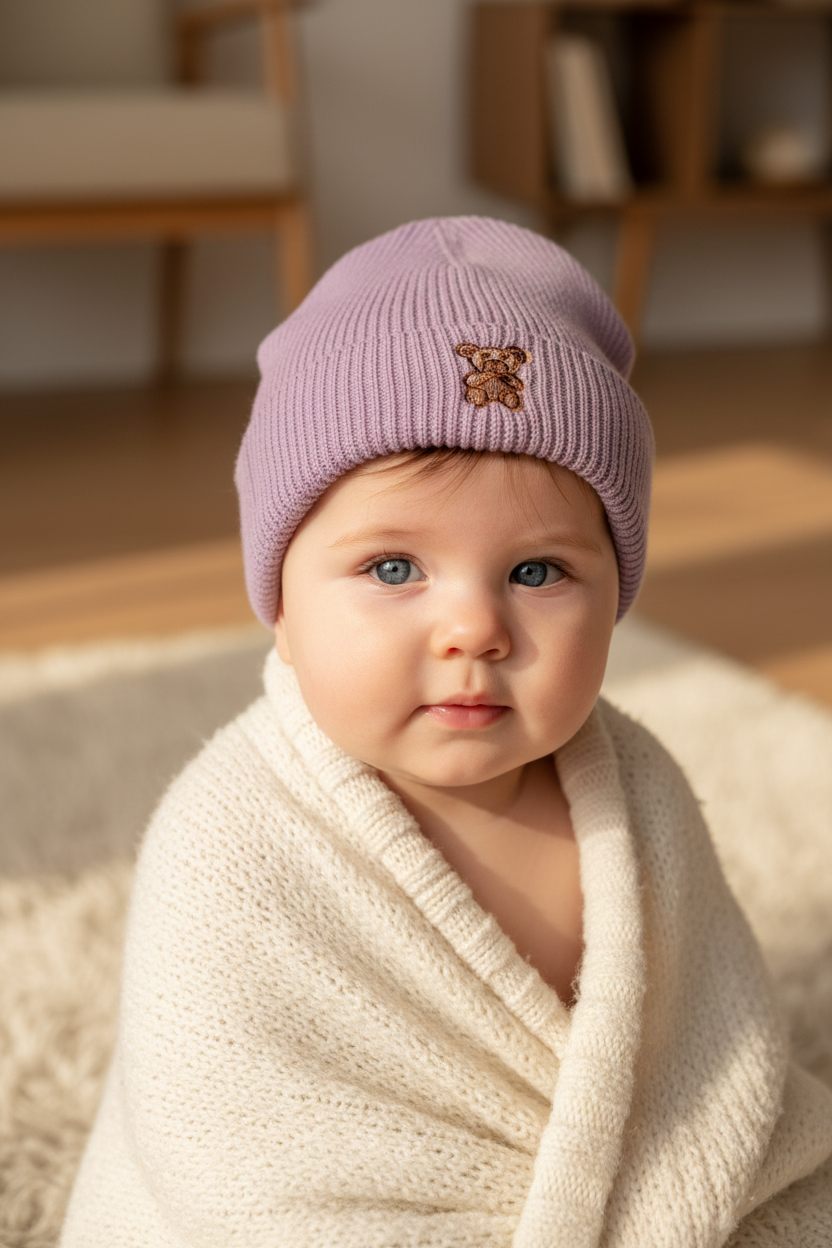 Bear Embroidered Knitted Wool Beanie Hat