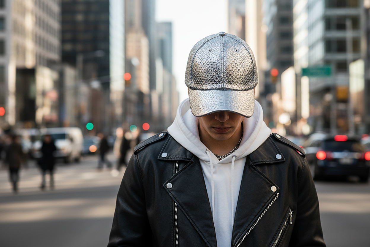 Silver metallic snake skin patterned baseball cap on a white background