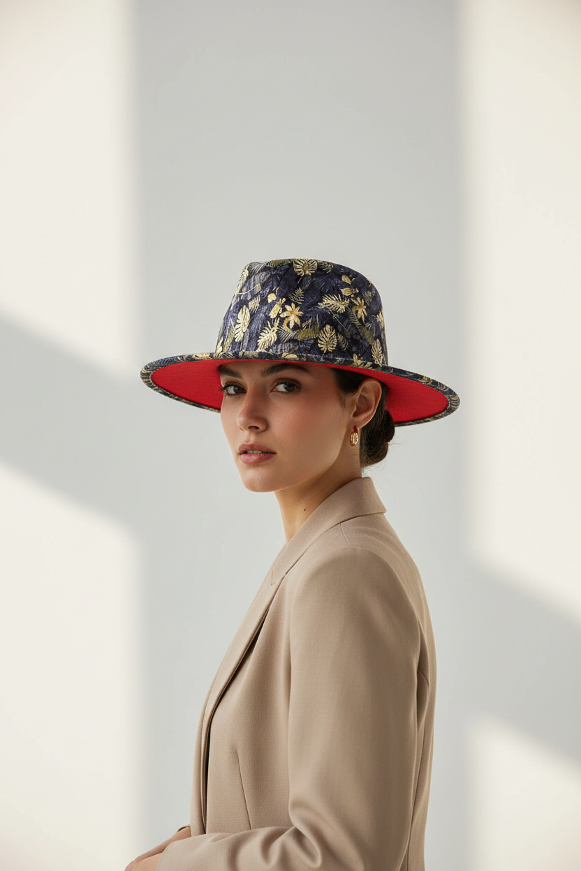 Augusta Wide-Brim Linen Fedora Hat, Leaf & Floral Print
