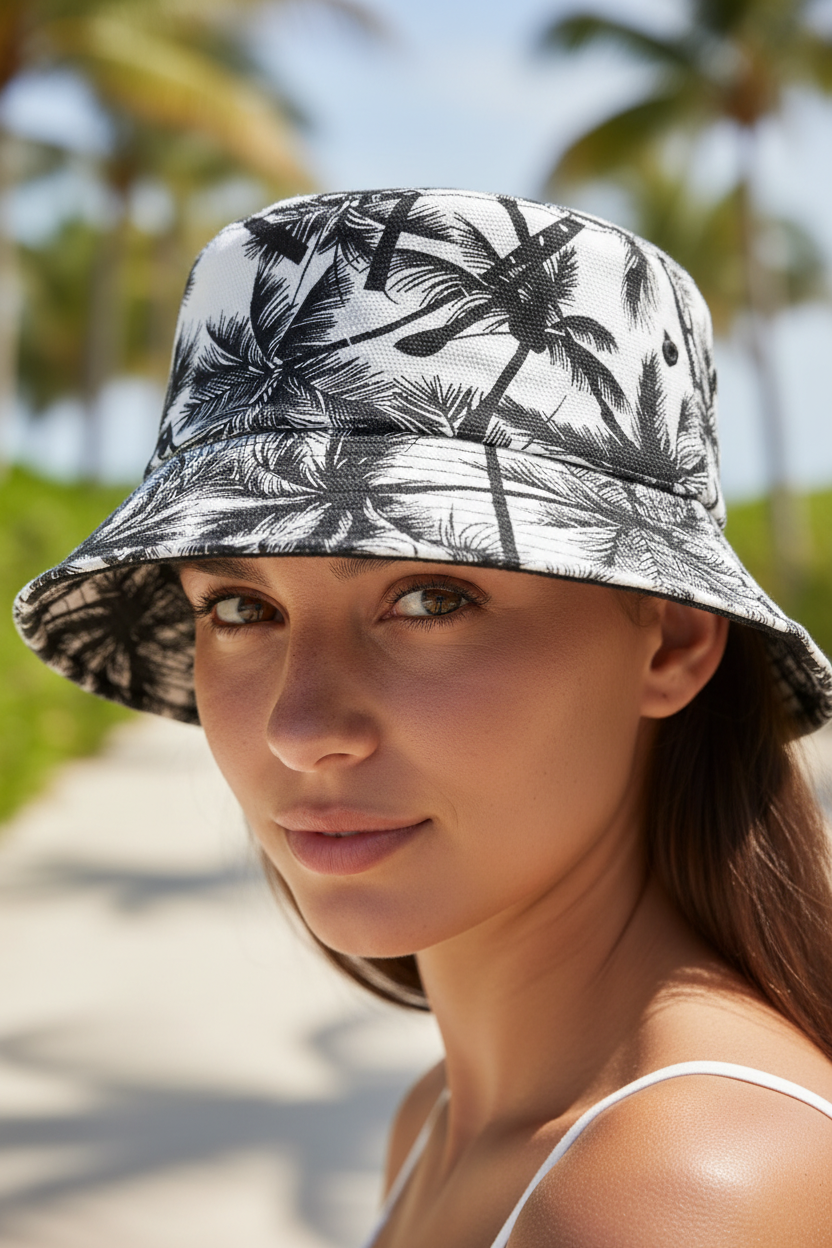 A black and white fisherman hat with a coconut print