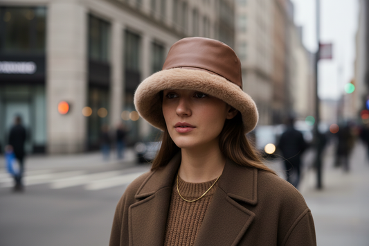 Brown leather hat with fur trim in a white box