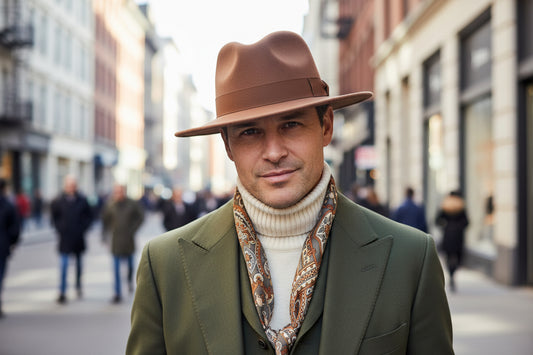 Brown fedora hat on a white fabric background