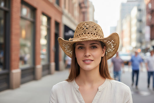 Brown cowboy hat with intricate design on a white background