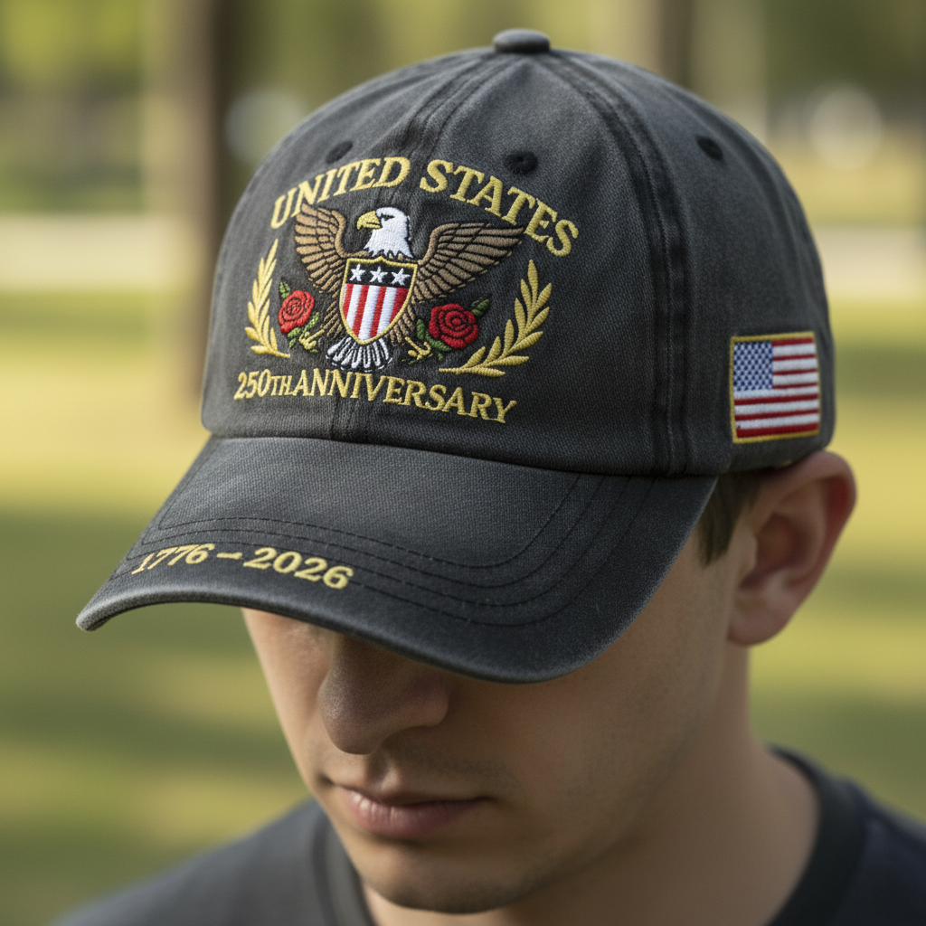 Gray cap with U.S. 250th Anniversary design on a white background