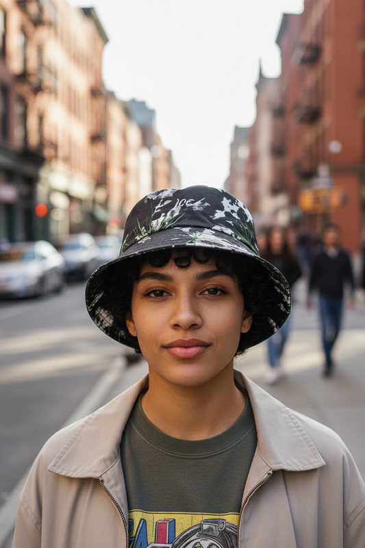 Black bucket hat with white and green floral pattern on a white background