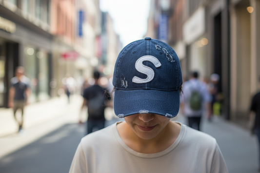 Blue denim cap with a white 'S' on a white background