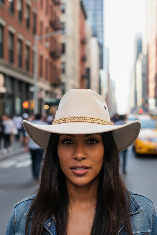 A collection of cowboy hats in various colors including beige, brown, and white, each featuring a similar shape and style with a decorative cord around the base.
