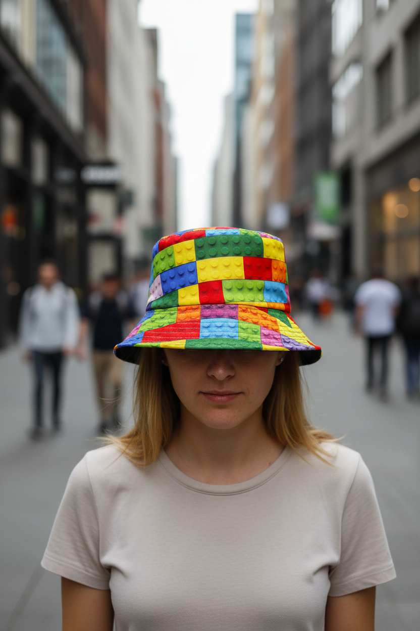 Colorful bucket hat with a pattern resembling building blocks on a white background
