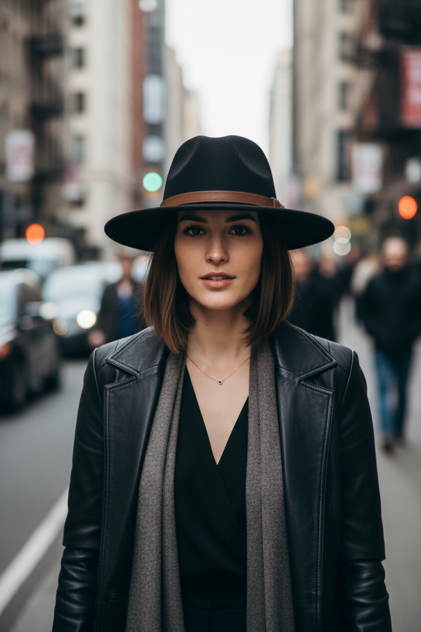 A navy blue felt fedora hat with a brown leather band and buckle.