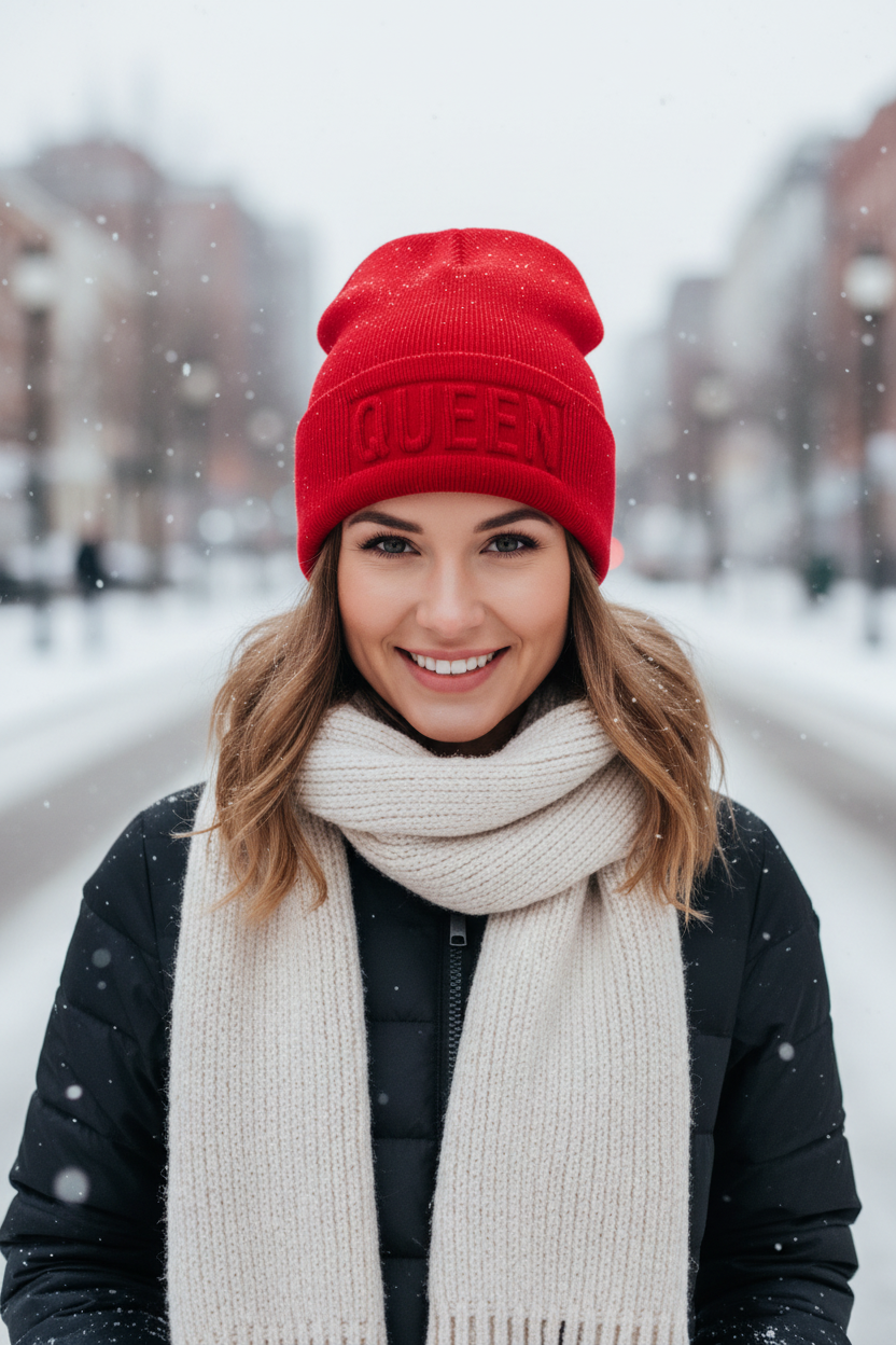 Red beanie with 'QUEEN' text on a gray background