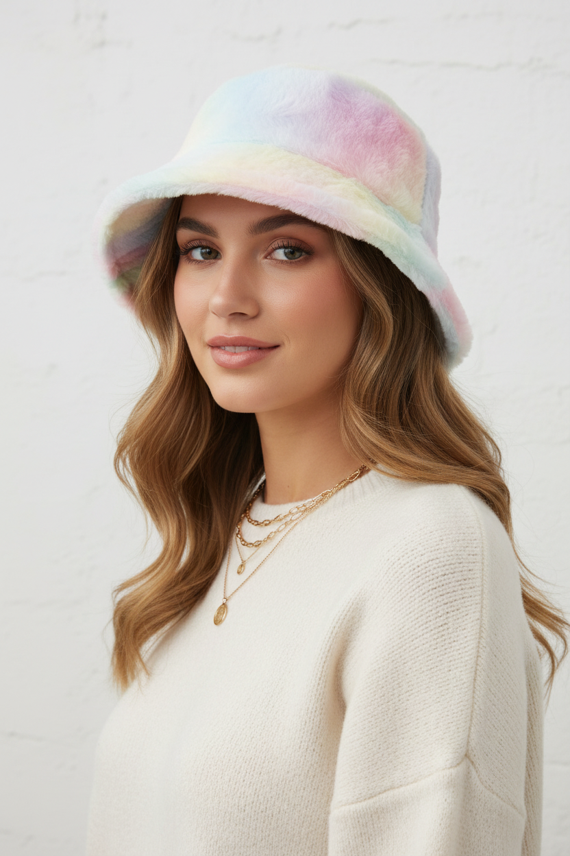 Kylie Rainbow Faux Fur Bucket Hat – Winter & Autumn