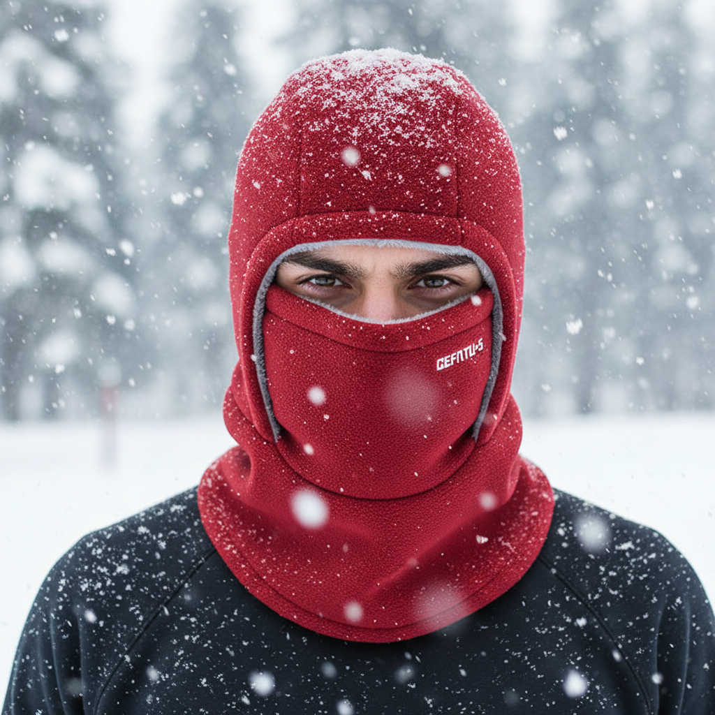 Red balaclava with a brand logo on a white background