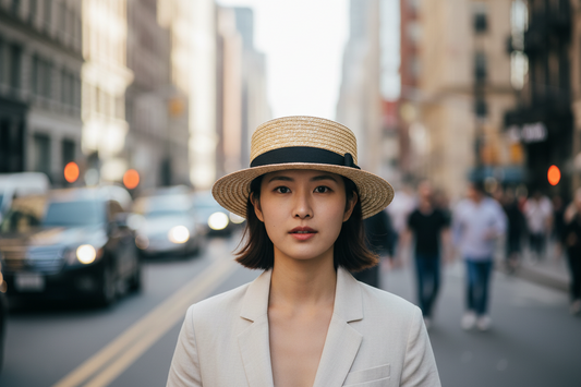Straw hat with a black ribbon on a light background