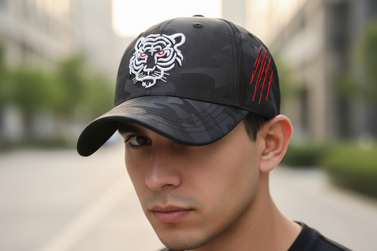Two baseball caps, one with a red tiger head design on the front and the other with a white tiger head design, both on a black camouflage background.
