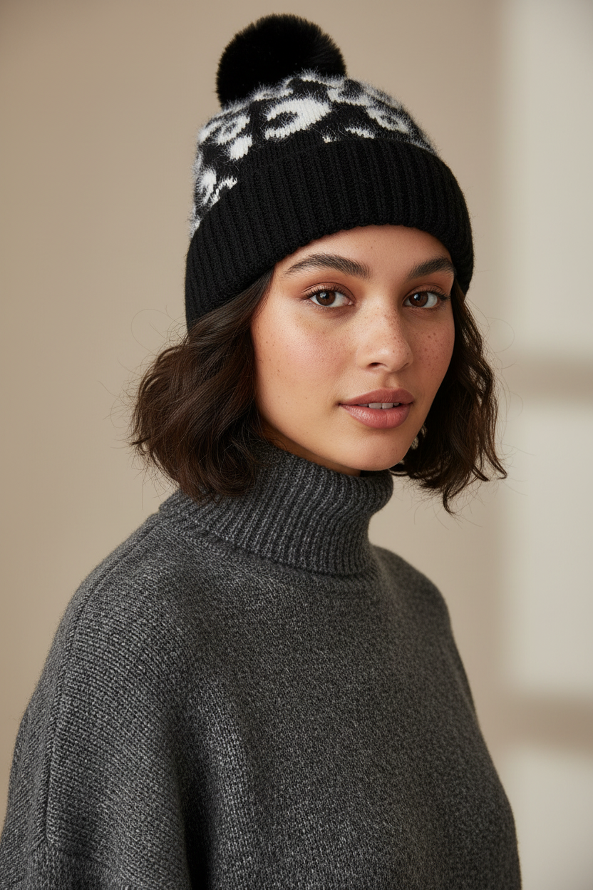 Cheetah Print Acrylic Knitted Hat – Flat Brim, 58cm