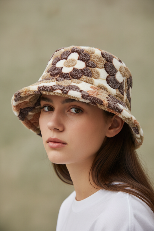 Stack of three plush bucket hats in blue, purple, and rose red with a floral pattern.